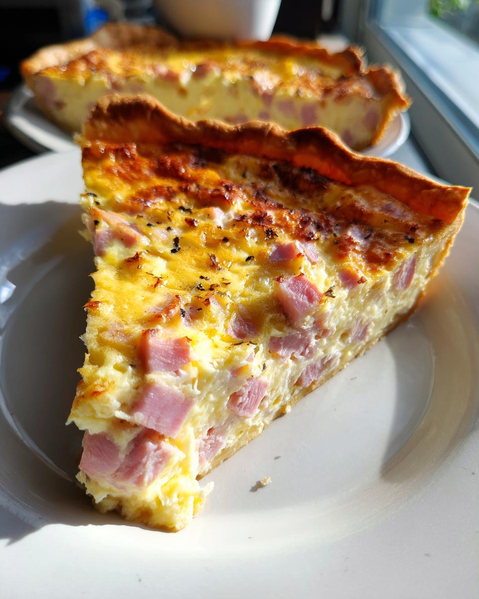 A close-up slice of amazing ham and cheese quiche with visible chunks of ham in a creamy egg base.