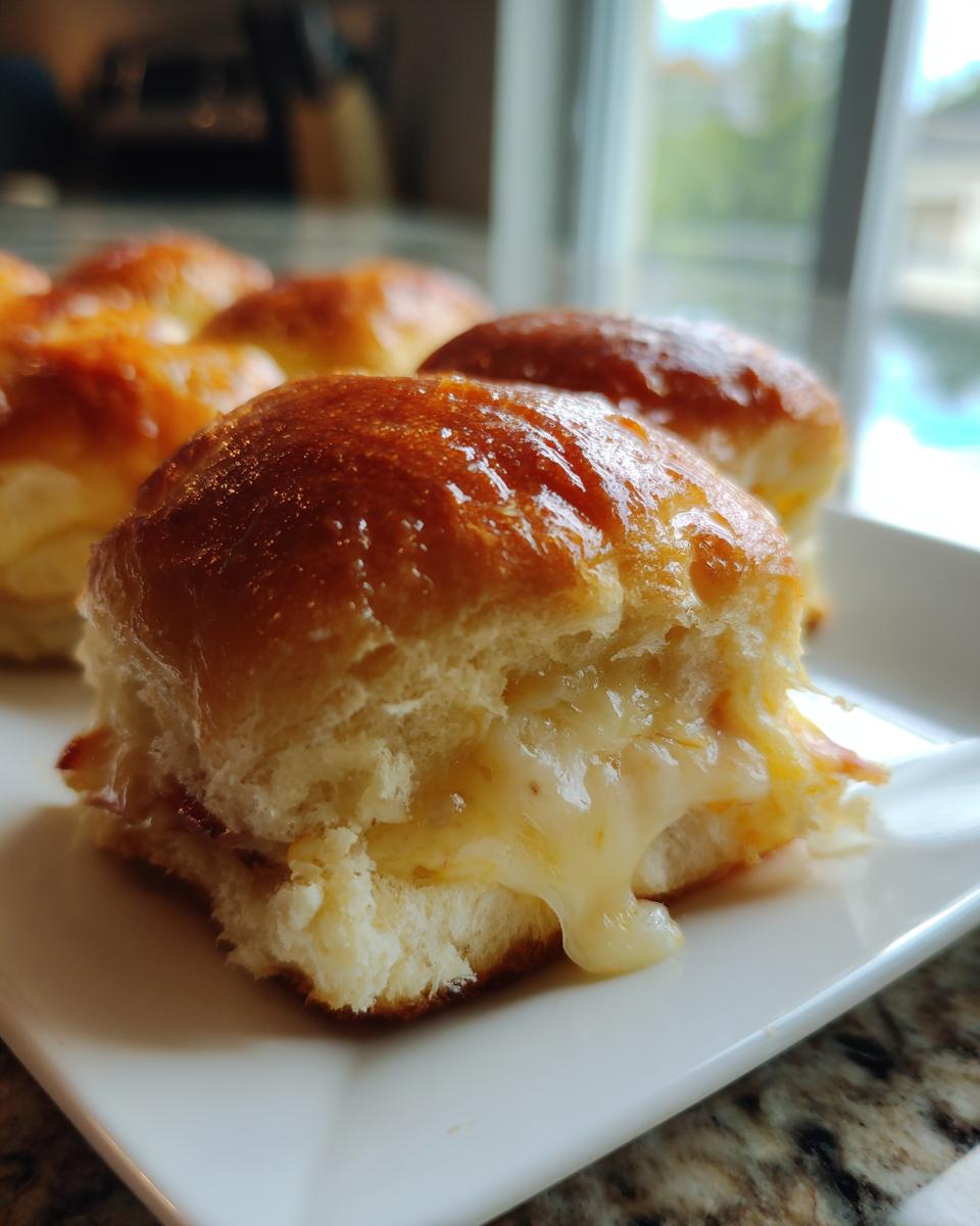 Close-up of a Ham and Cheese Slider cut open showing gooey melted cheese oozing out.