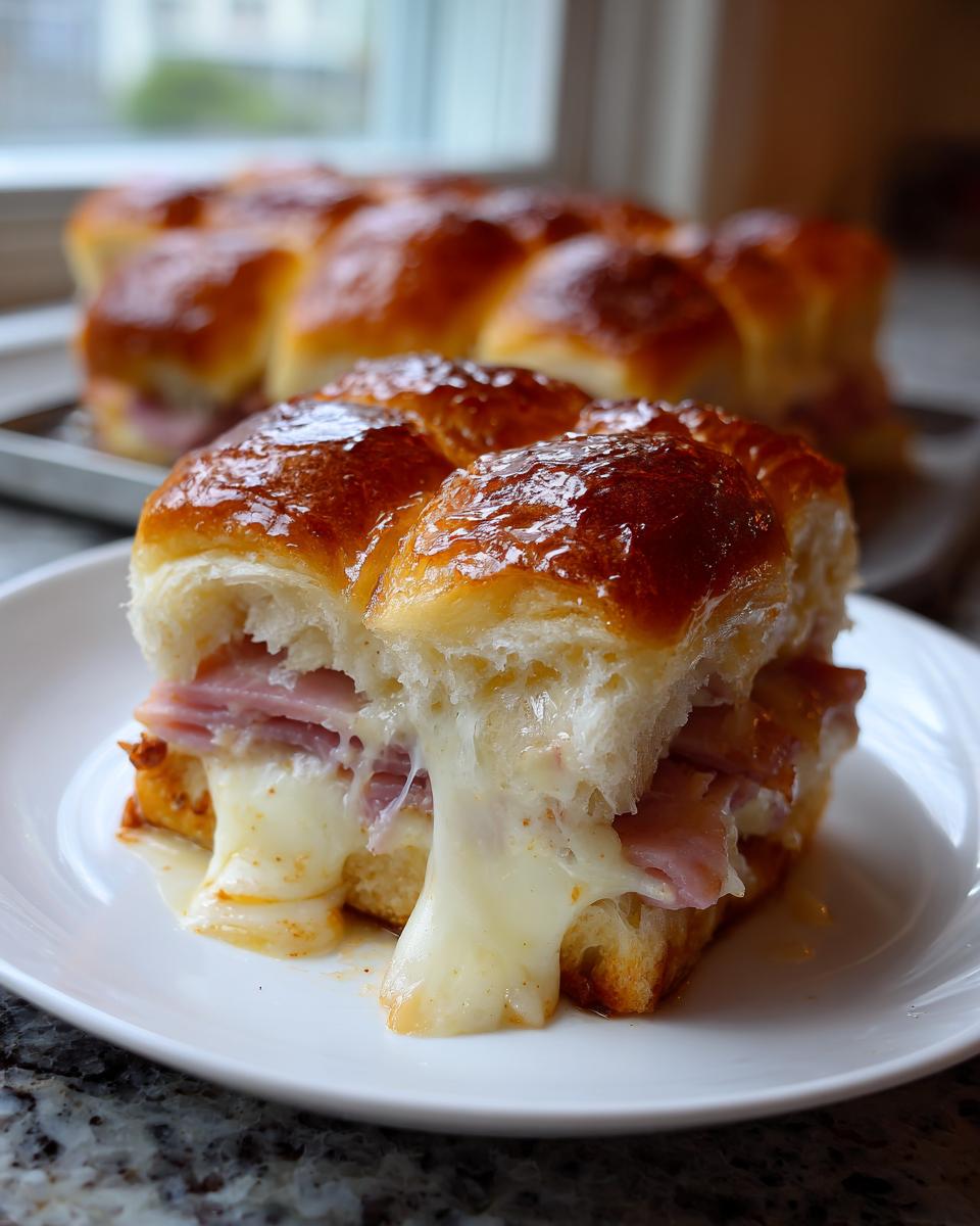 A close-up of one serving of Ham and Cheese Sliders showing melted cheese stretching out.
