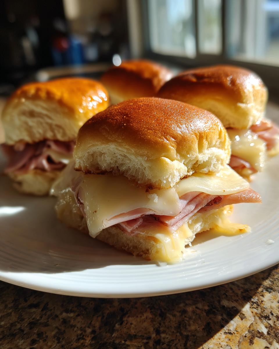 Close-up of gooey Ham and Cheese Sliders featuring melted Swiss cheese and sliced ham on shiny, toasted slider buns.