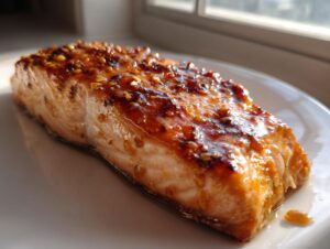 Close-up of a perfectly cooked salmon fillet topped with a sticky, glistening honey garlic glaze.