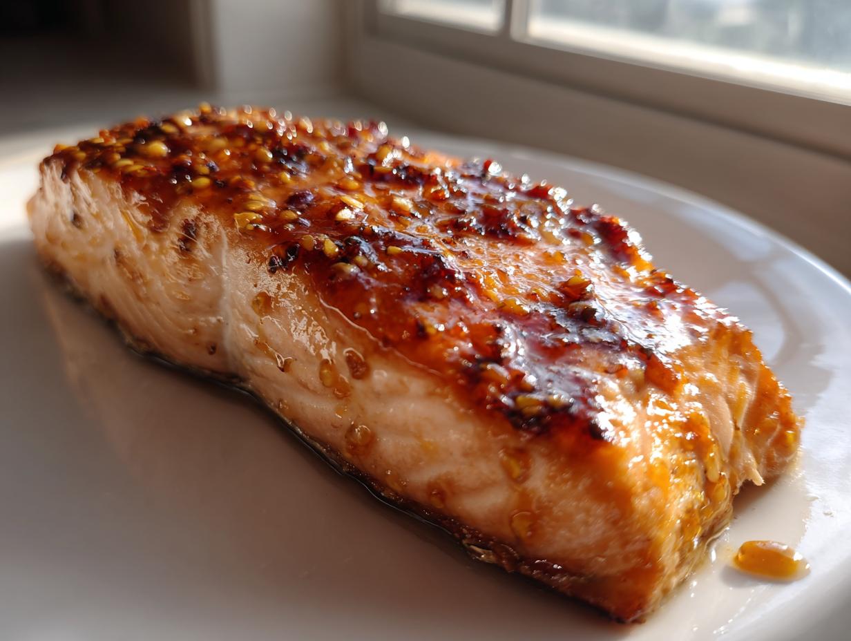 Close-up of a perfectly cooked salmon fillet topped with a sticky, glistening honey garlic glaze.
