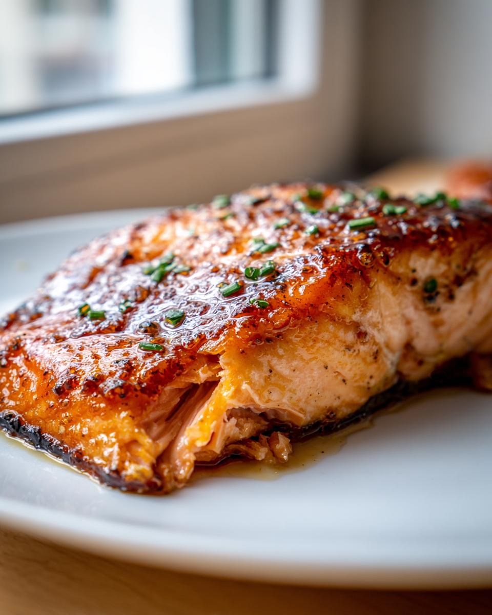 Close-up of a perfectly cooked, glazed honey garlic salmon fillet garnished with fresh chives.