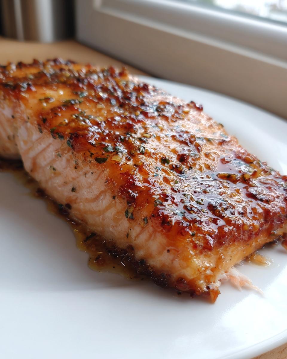 Close-up of a perfectly cooked salmon fillet topped with a shiny, thick honey garlic glaze and herbs.