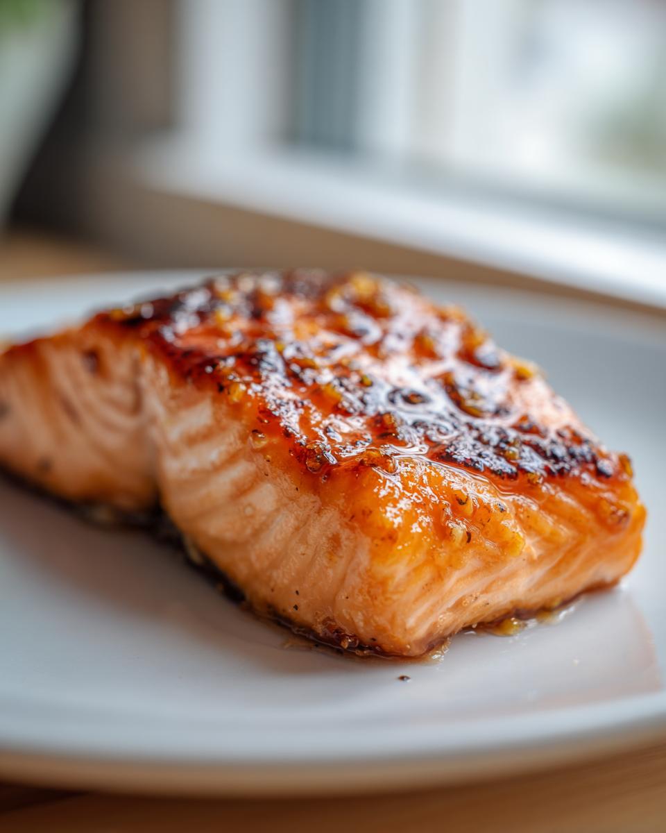 Close-up of a perfectly cooked, glazed honey garlic salmon fillet resting on a white plate.