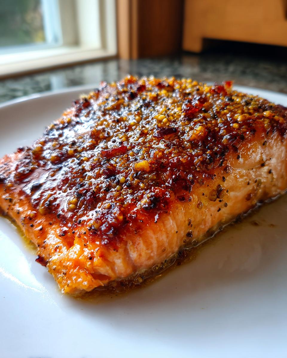 Close-up of a perfectly cooked salmon fillet glazed with honey garlic sauce and whole grain mustard.
