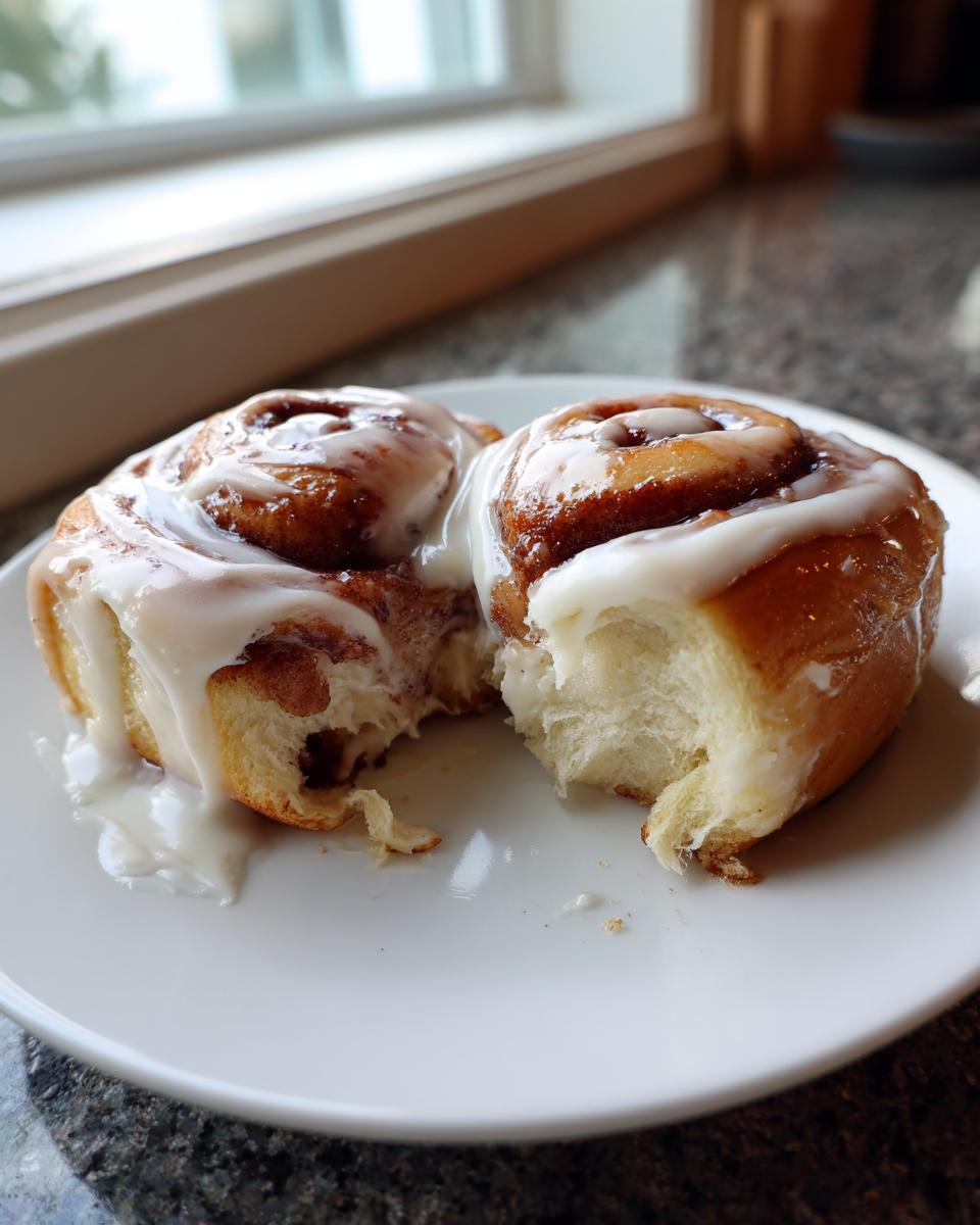 Two gooey, freshly iced cinnamon rolls sitting on a white plate, one broken open to show the soft interior.