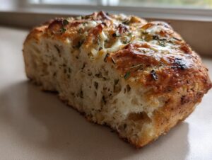 A close-up view showing the soft interior and cheesy, herbed crust of the Italian herb and cheese bread.