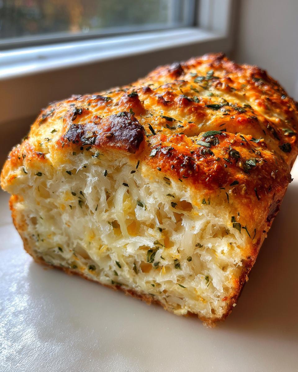 Close-up of a freshly baked Italian herb and cheese bread loaf showing the soft, cheesy interior and golden crust.
