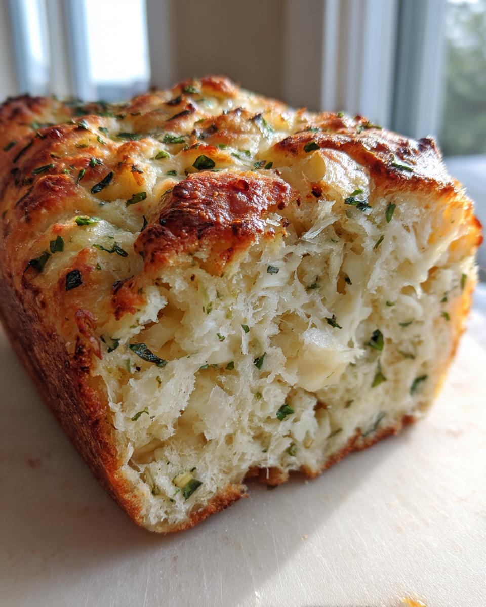 A close-up view of a freshly baked Italian herb and cheese bread loaf showing the cheesy, fluffy interior and golden, herbed crust.