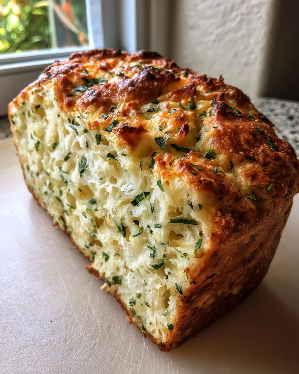 A close-up view of a freshly baked loaf of Italian herb and cheese bread, showing a golden crust and soft, herb-flecked interior.