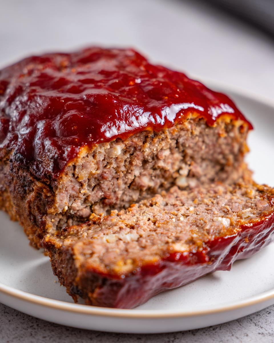 Close-up of a thick slice of Keto meatloaf topped with a rich, glossy red glaze.