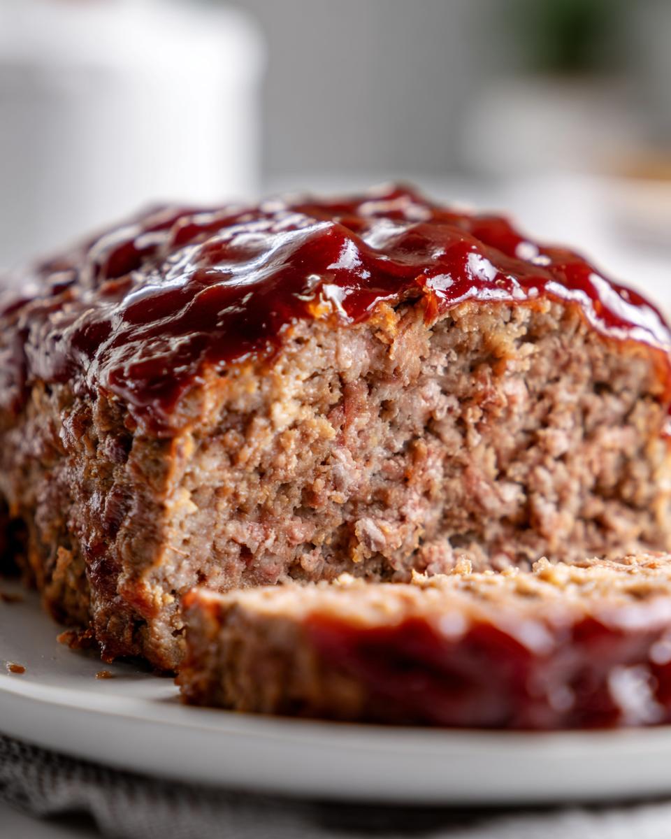 Close-up of a moist slice of Keto meatloaf topped with a thick, glossy red glaze.