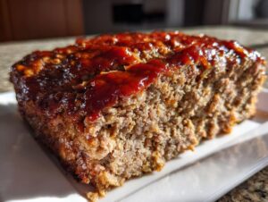 Close-up of a thick slice of moist Keto meatloaf topped with a shiny, dark red glaze.