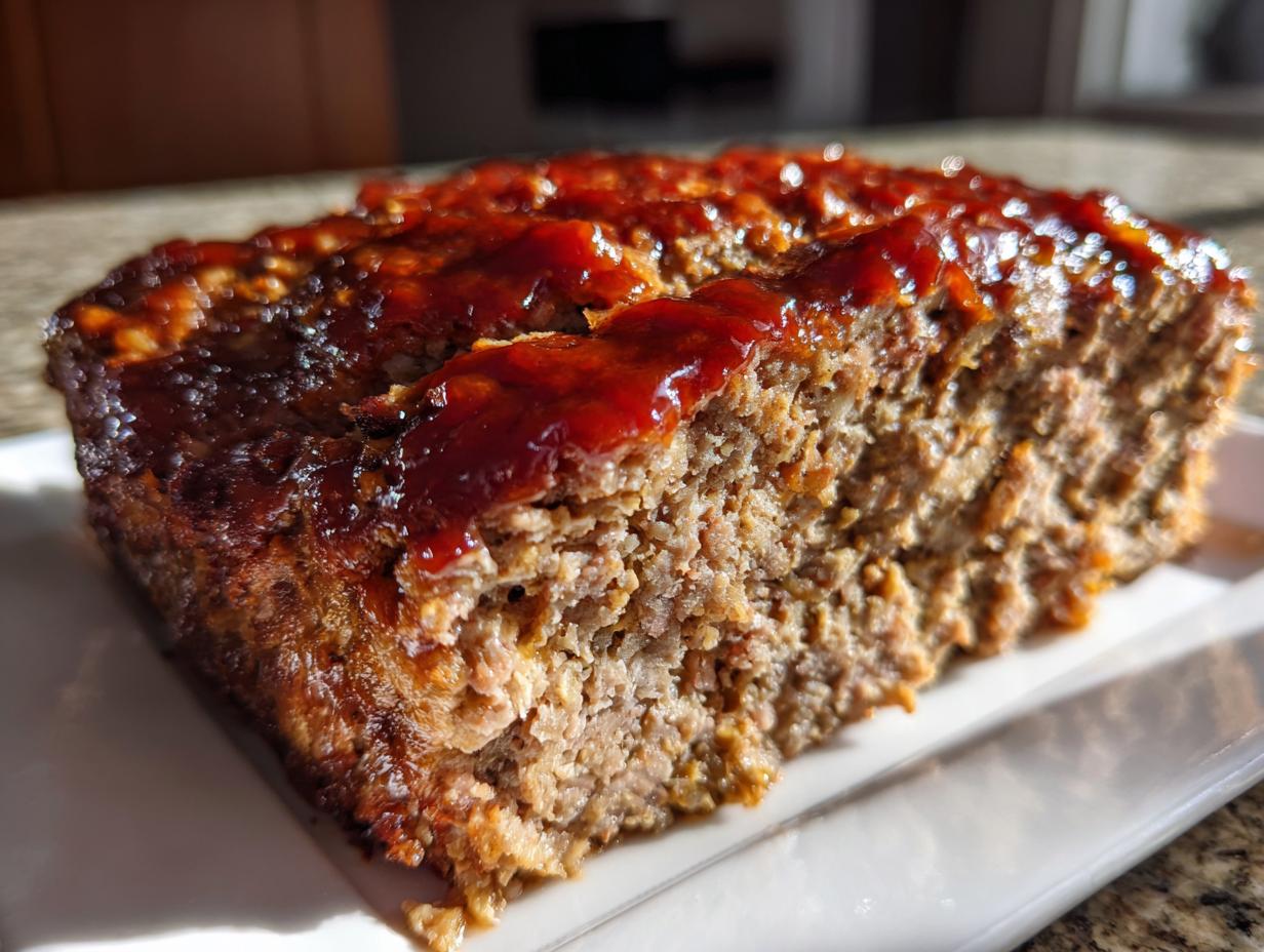 Close-up of a thick slice of moist Keto meatloaf topped with a shiny, dark red glaze.