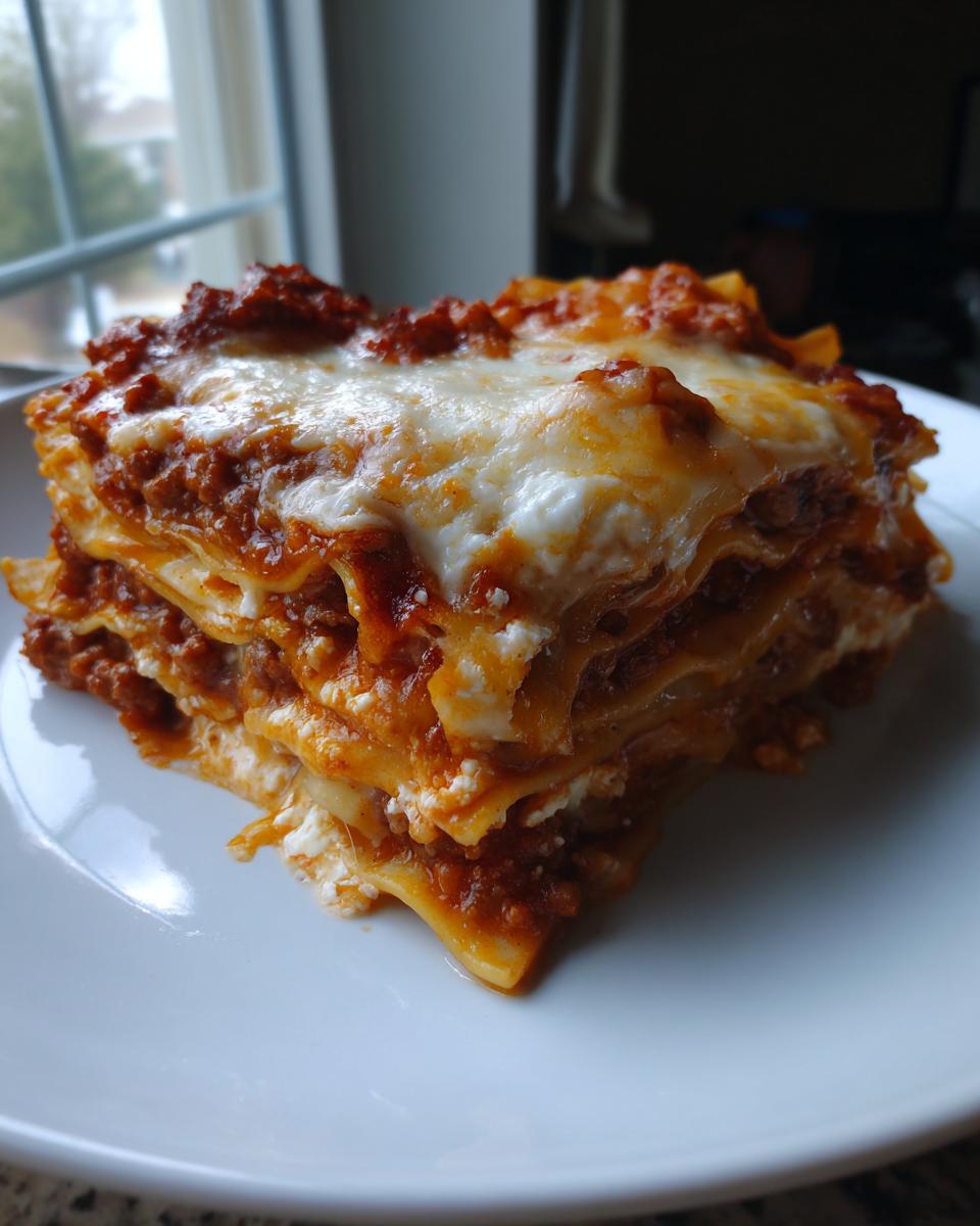 A thick, layered slice of Lasagna with Cottage Cheese, topped with melted mozzarella and rich meat sauce.