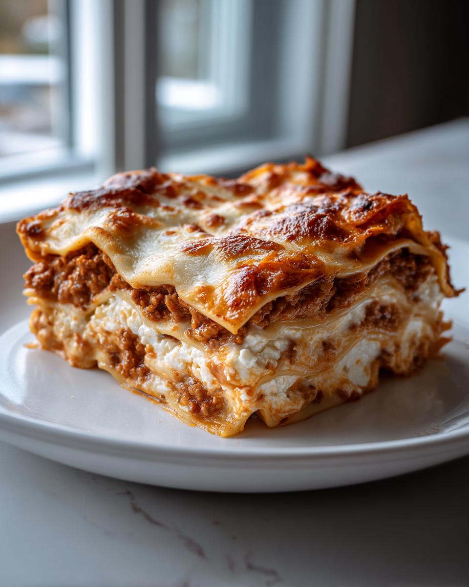 A thick, cheesy slice of Lasagna with Cottage Cheese showing layers of pasta, meat sauce, and white cottage cheese filling.