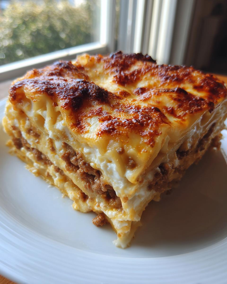 Close-up of a thick slice of Lasagna with Cottage Cheese showing layers of pasta, meat sauce, and creamy white filling.