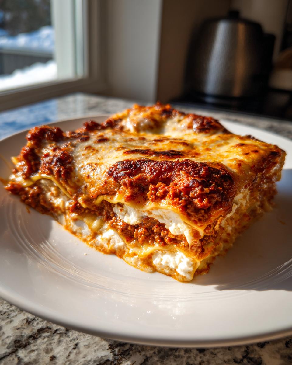 A hearty slice of Lasagna with Cottage Cheese showing layers of pasta, meat sauce, and white cheese filling.