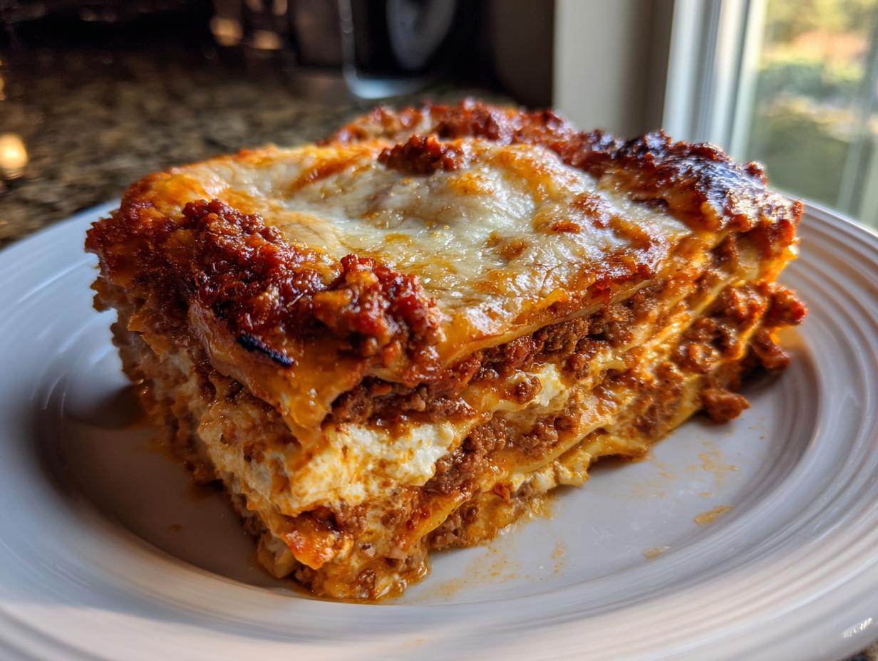 A thick, layered slice of Lasagna with Cottage Cheese featuring rich meat sauce and melted cheese topping.