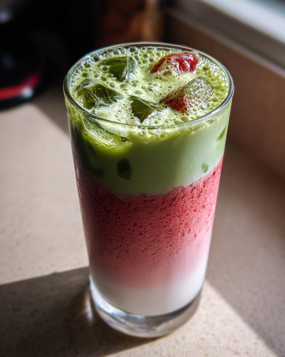 A tall glass showing a layered strawberry matcha latte with white milk at the bottom, pink strawberry puree, and green matcha tea on top with ice.