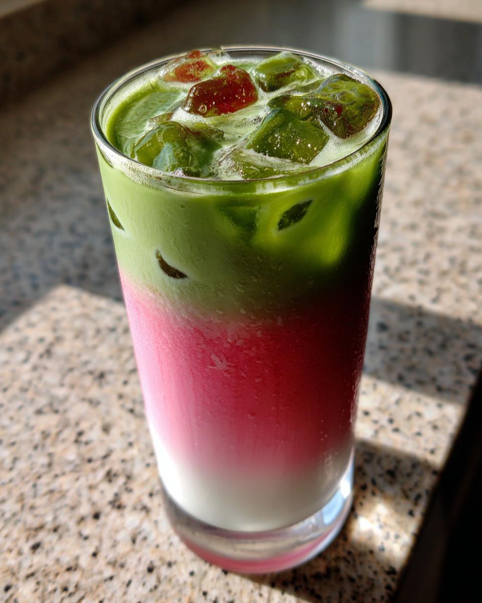 Close-up of a tall glass containing a layered strawberry matcha latte with bright pink, white, and green layers, topped with ice cubes.