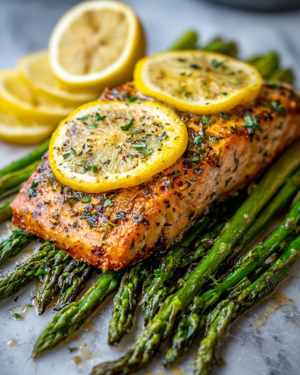A perfectly cooked salmon fillet seasoned with herbs and topped with lemon slices, served over roasted asparagus, ideal for anti-inflammatory dinners.