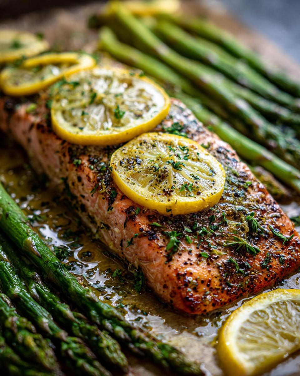 Close-up of baked salmon fillet with lemon slices and herbs, served with roasted asparagus, perfect for anti-inflammatory dinners.