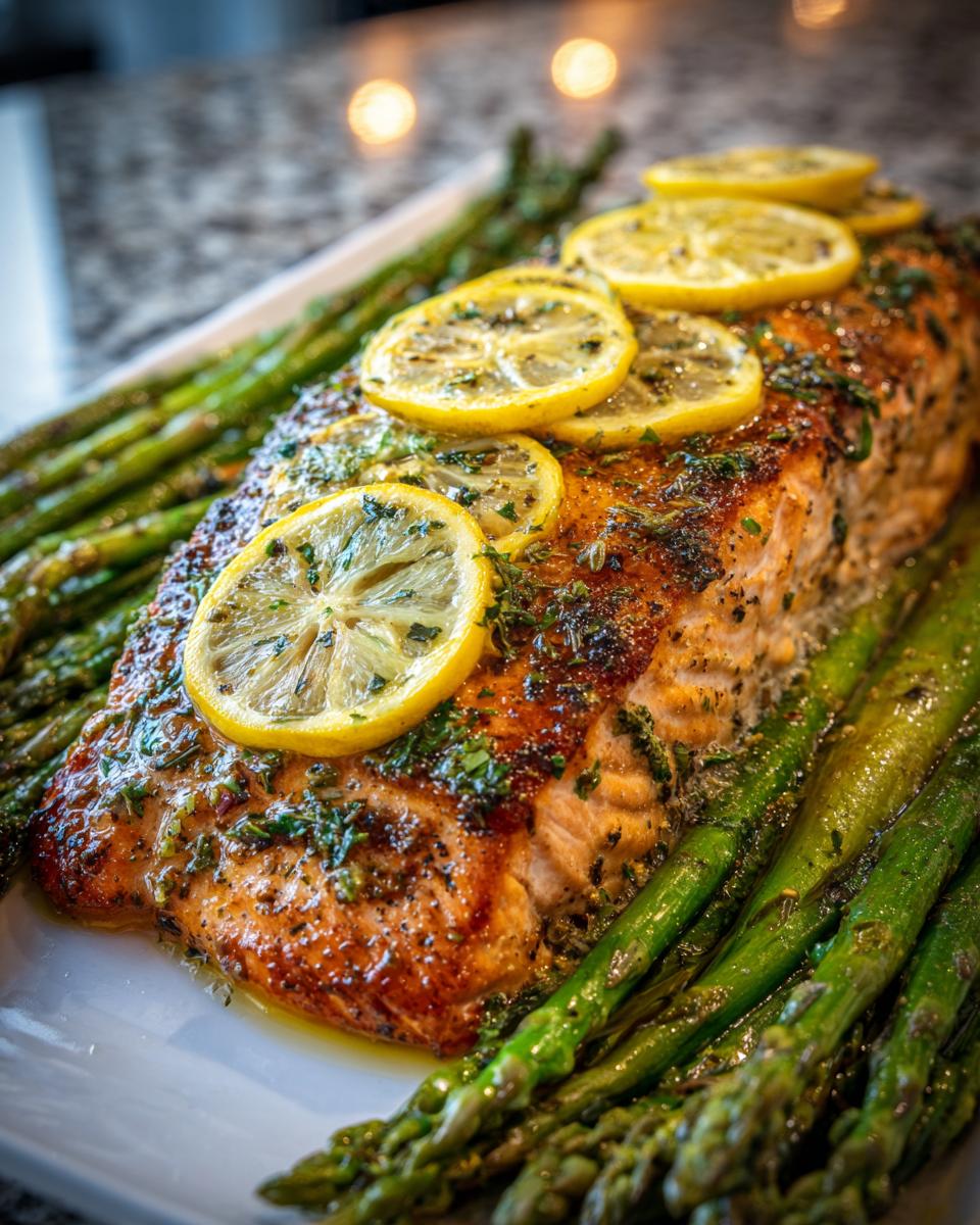 Close-up of baked salmon topped with lemon slices and herbs, served with roasted asparagus, perfect for anti-inflammatory dinners.