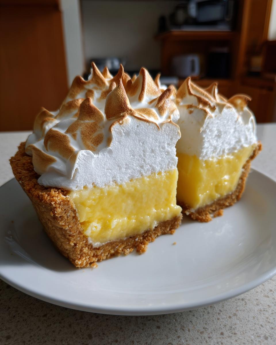 Close-up of a slice of lemon meringue pie showing the thick, bright yellow filling and tall, toasted meringue peaks.