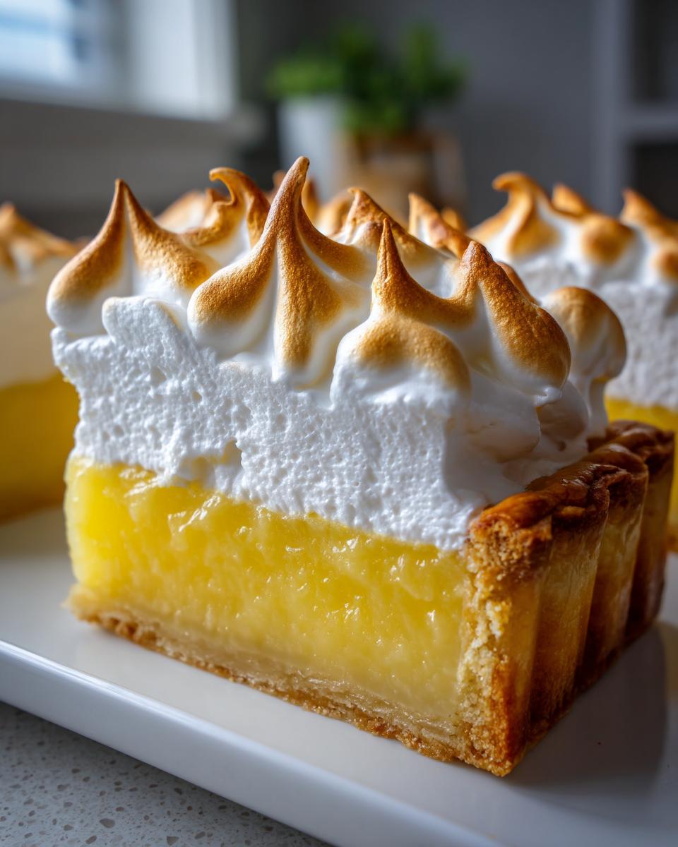 Close-up of a perfect slice of lemon meringue showing bright yellow curd, flaky crust, and tall, torched meringue peaks.
