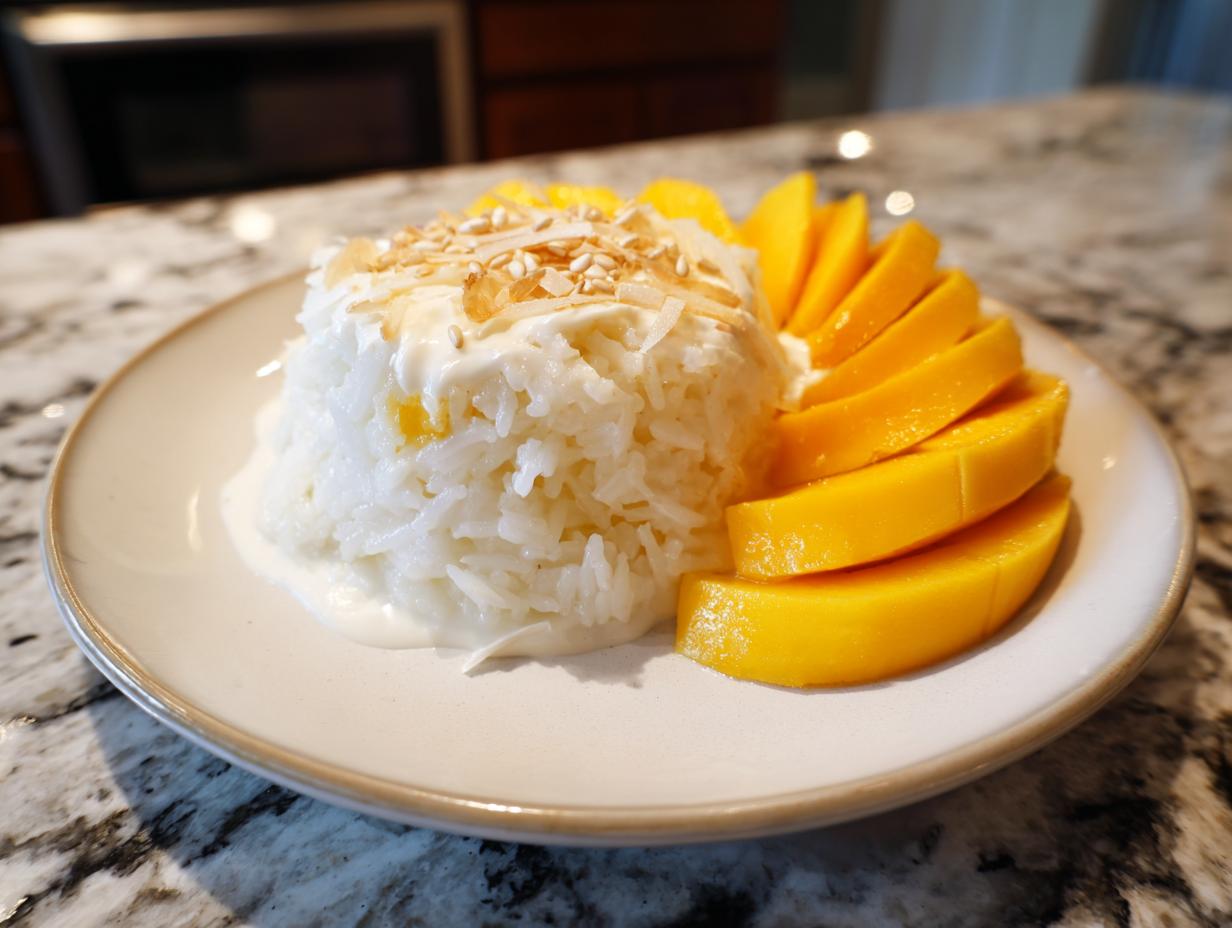 A beautiful serving of mango sticky rice with sliced fresh mango and toasted coconut topping.