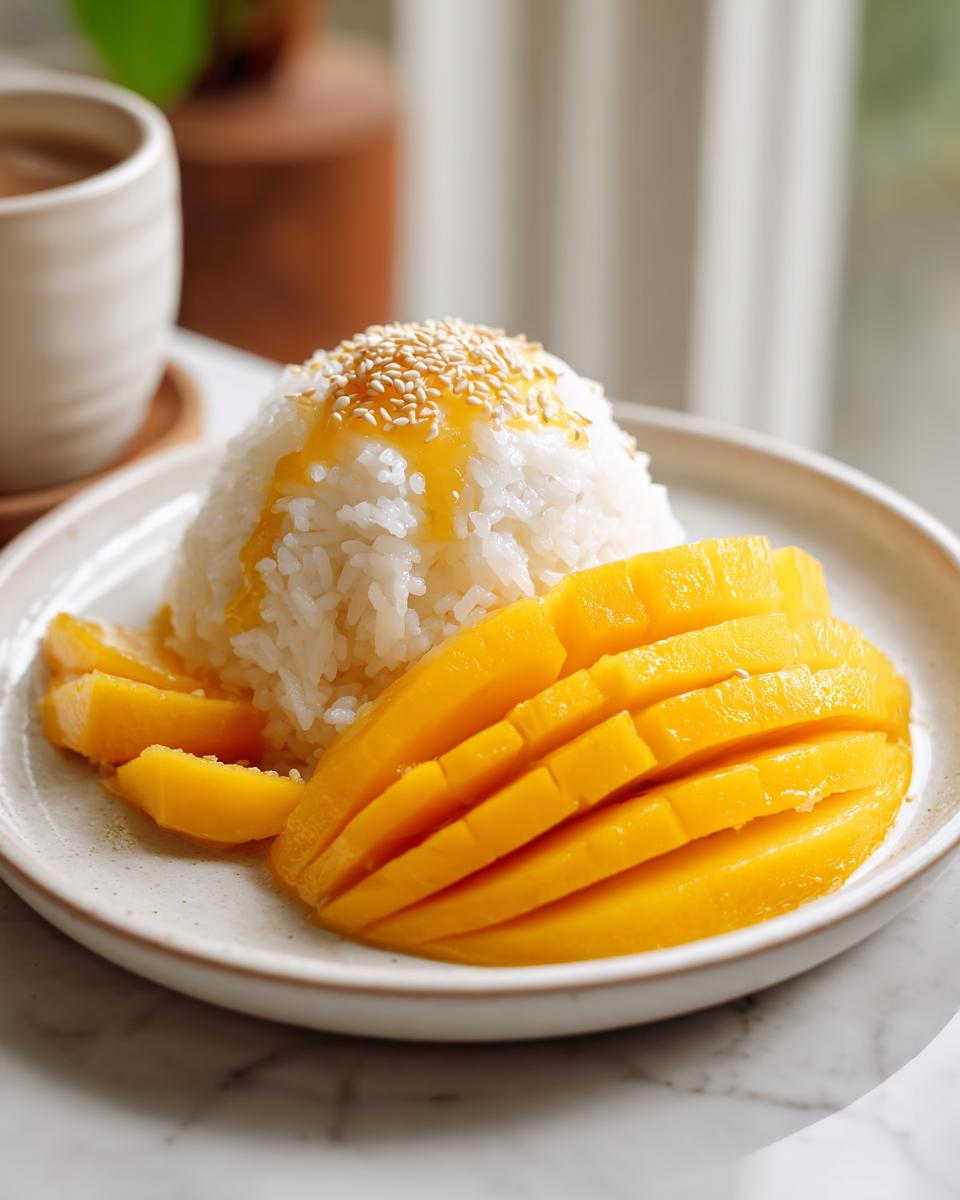 A beautiful plate featuring a mound of sweet sticky rice topped with mango sauce and sesame seeds, served alongside perfectly sliced fresh mango for mango sticky rice.