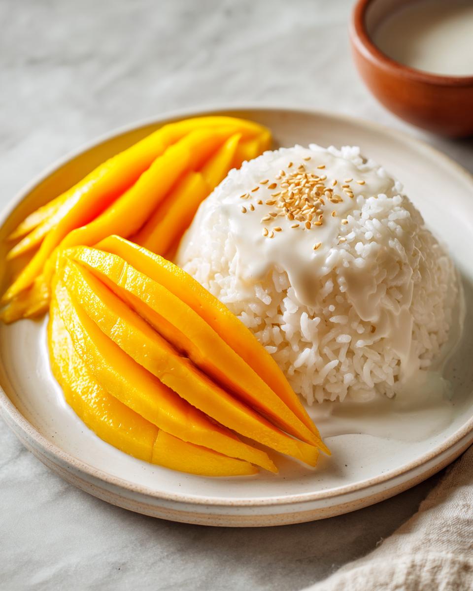 A beautiful serving of mango sticky rice featuring sliced ripe mango next to sweet sticky rice topped with coconut cream and sesame seeds.