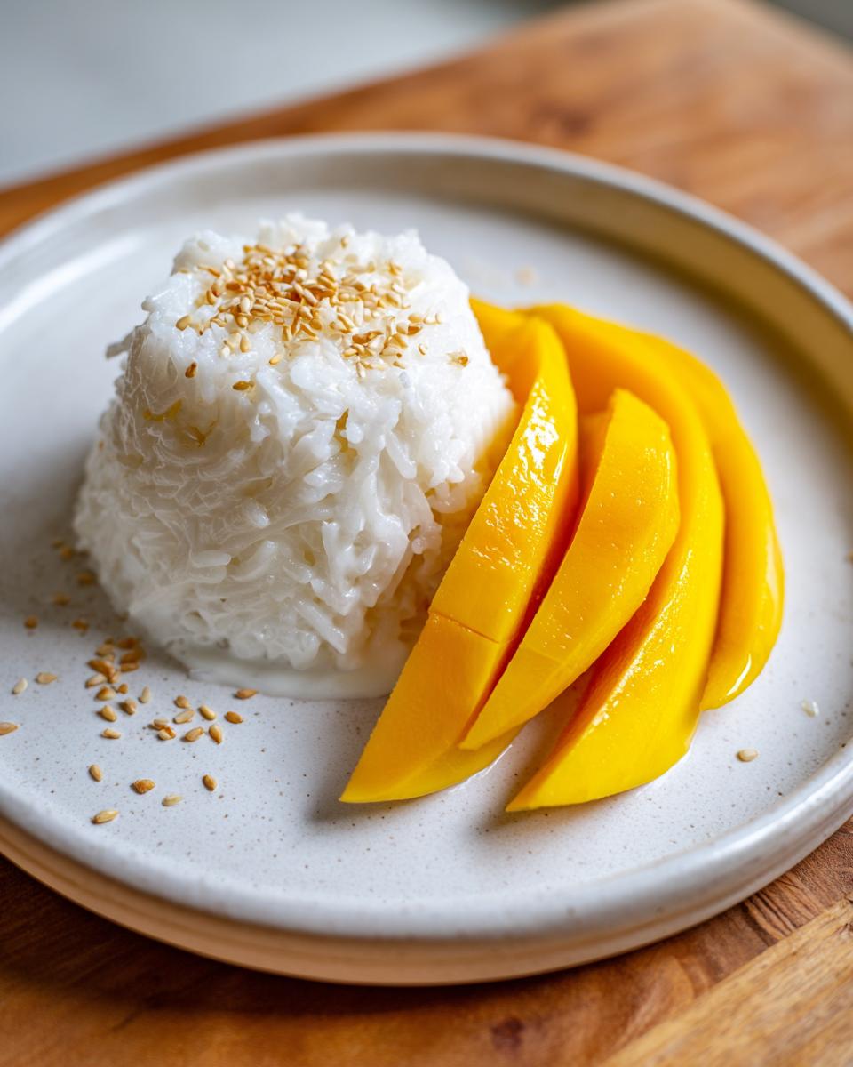 A serving of creamy mango sticky rice topped with toasted sesame seeds on a speckled white plate.