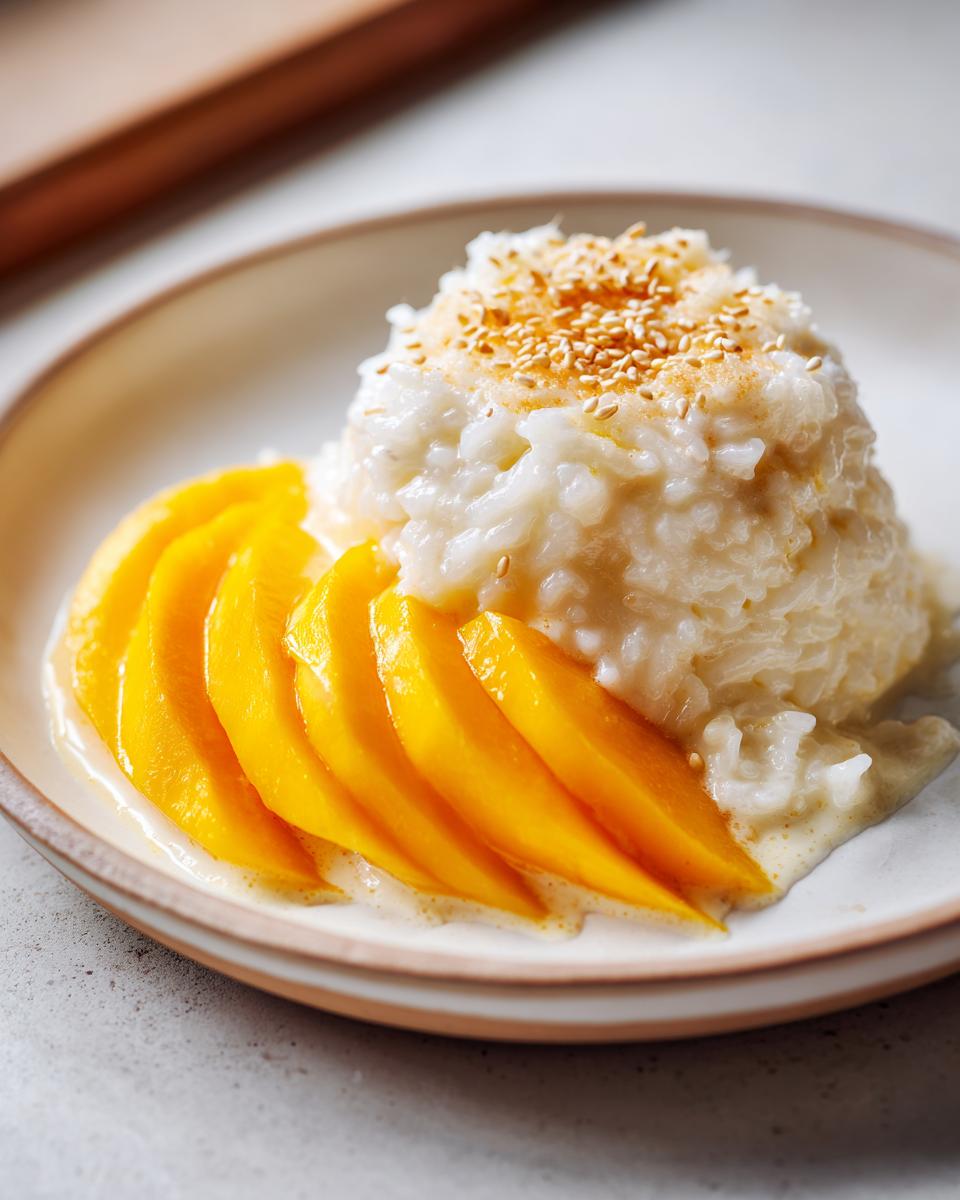 A serving of creamy mango sticky rice topped with toasted sesame seeds, accompanied by fresh mango slices.