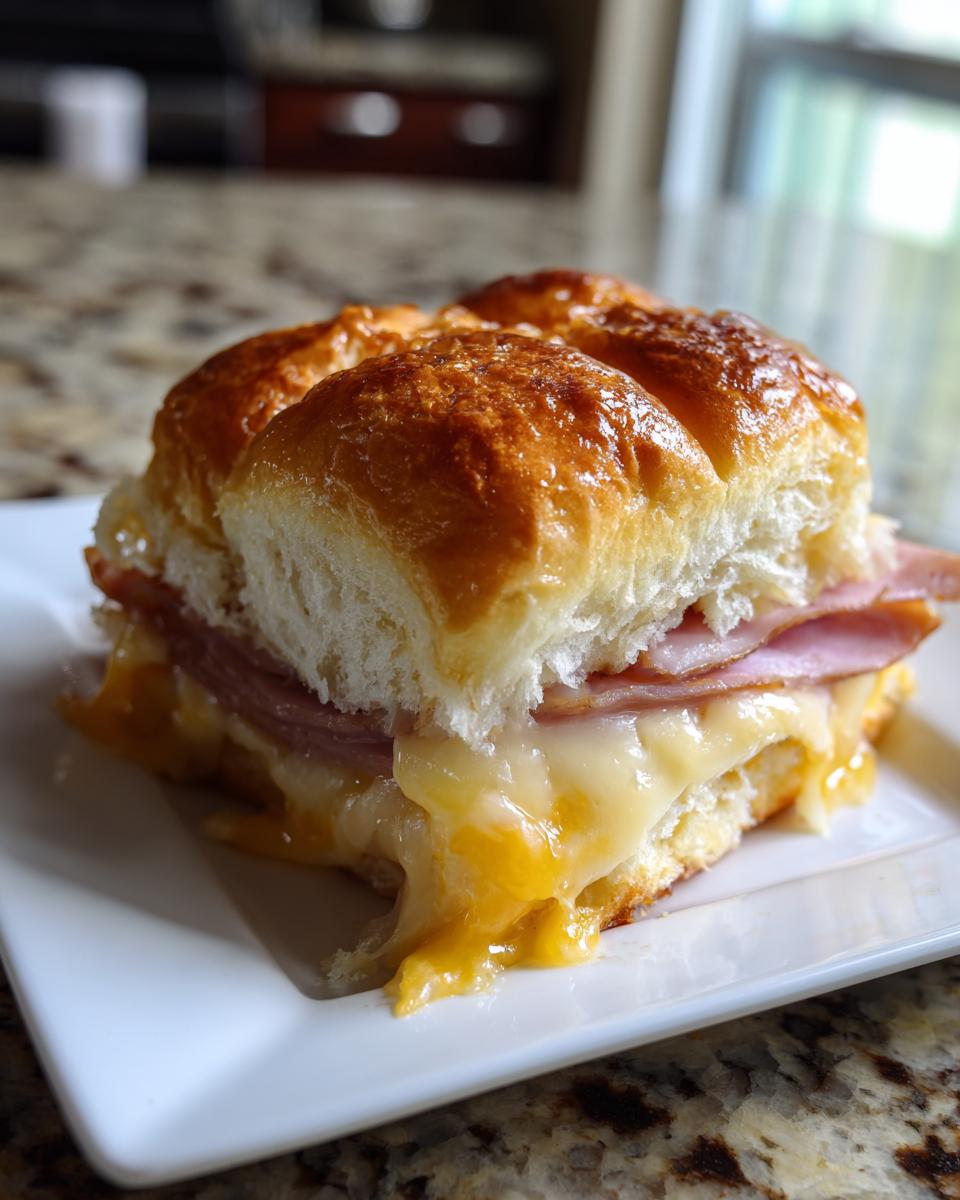 Close-up of a freshly baked Ham and Cheese Sliders section showing melted cheddar cheese oozing out.