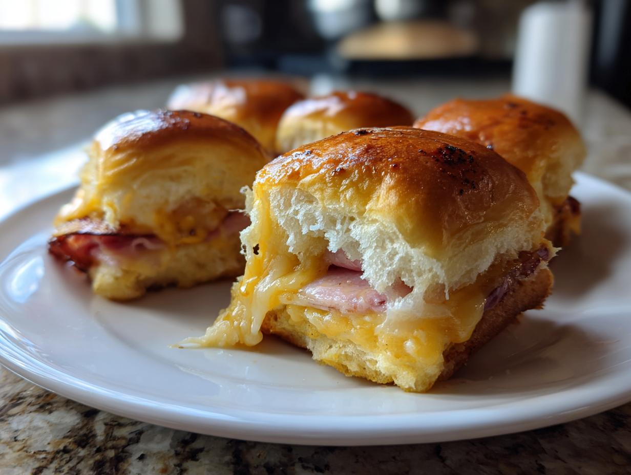 Close-up of Ham and Cheese Sliders with melted cheese oozing out of a slider bun.