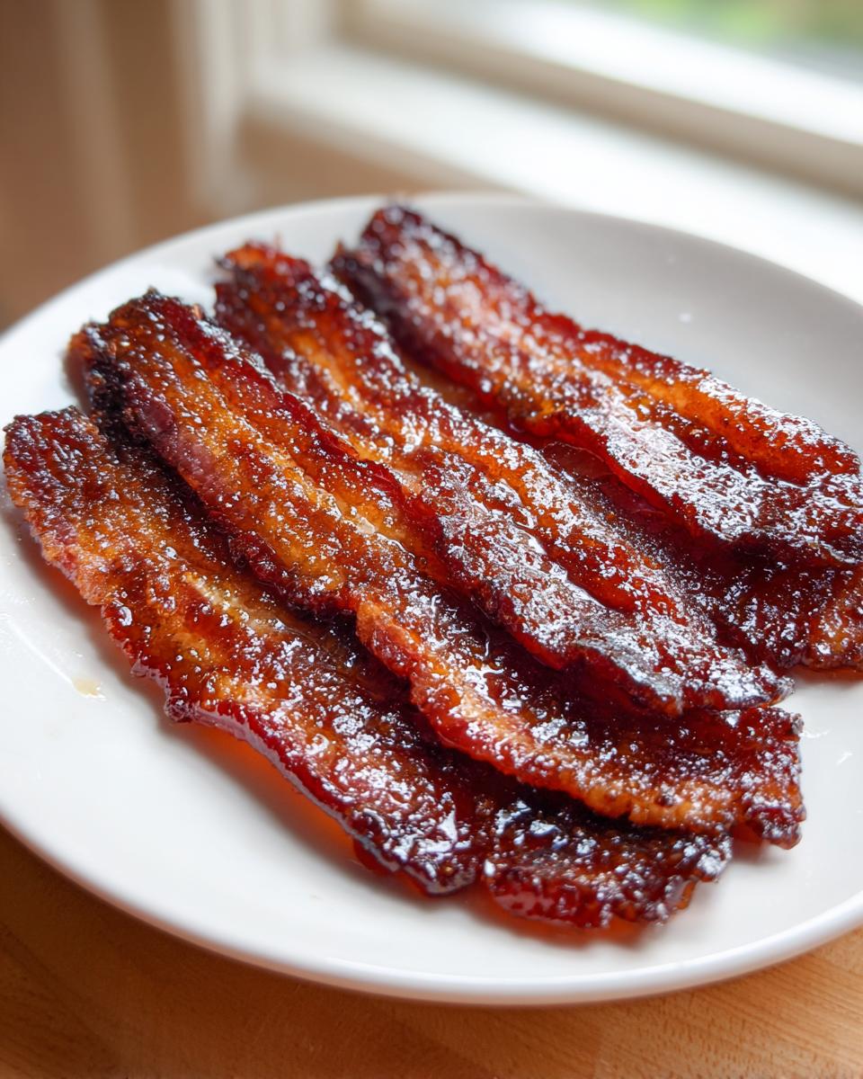 Four glistening, caramelized strips of Millionaire bacon served on a white plate near a window.