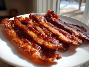 Several glossy, caramelized strips of Millionaire bacon arranged on a white plate in bright sunlight.