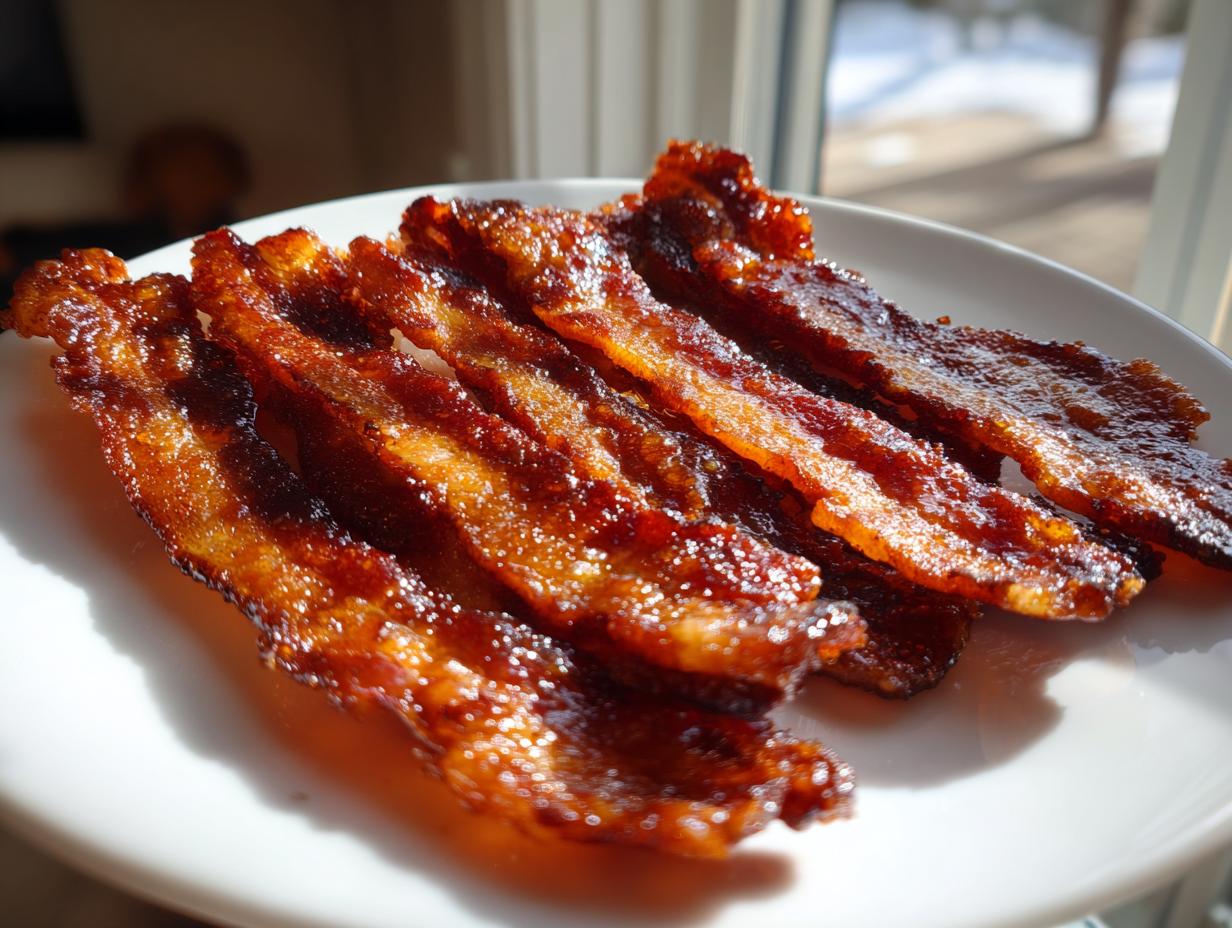 Several glossy, caramelized strips of Millionaire bacon arranged on a white plate in bright sunlight.