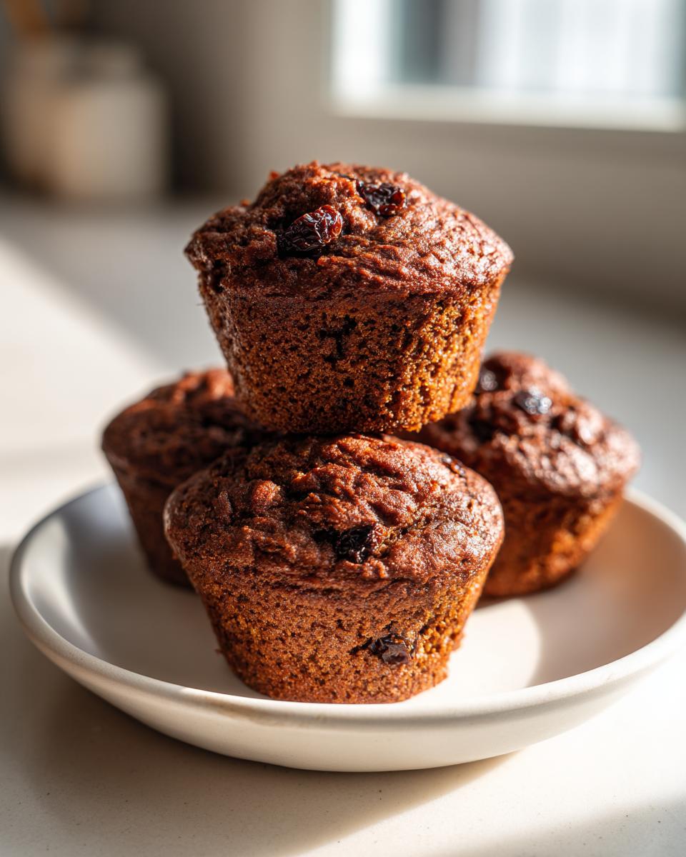 A stack of four rich, dark brown bran muffins topped with raisins, sitting on a white plate.