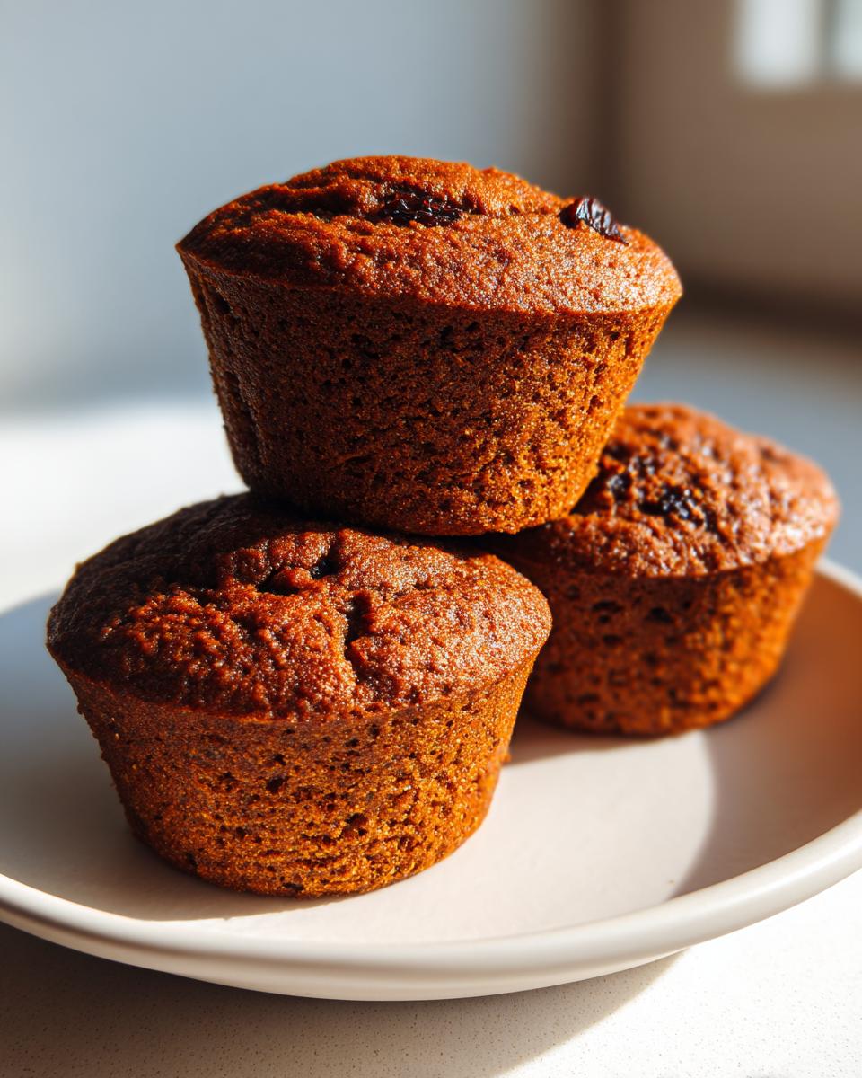 Three freshly baked, dark brown bran muffins stacked on a light plate, highlighted by strong sunlight.