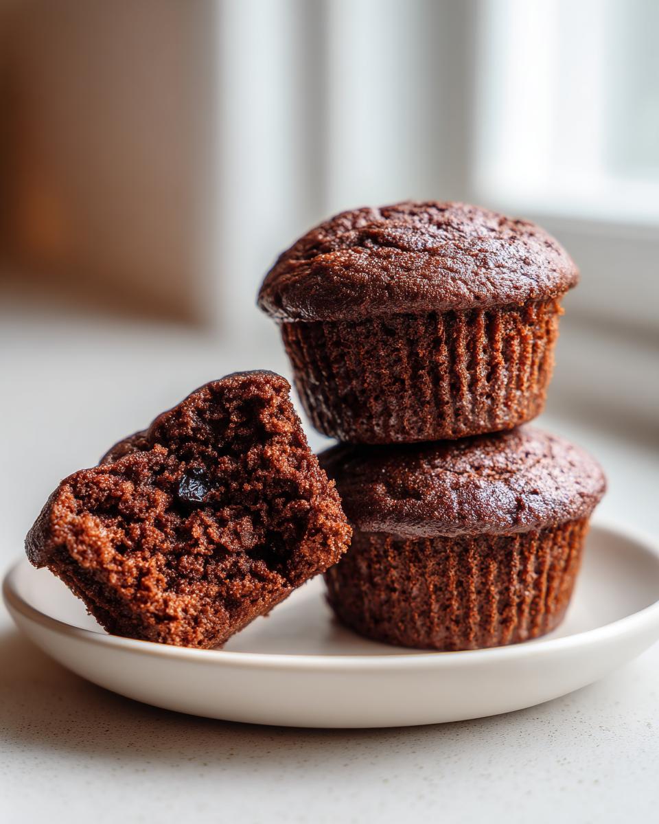 Close-up of two stacked, dark chocolate bran muffins with one broken open showing the moist interior.