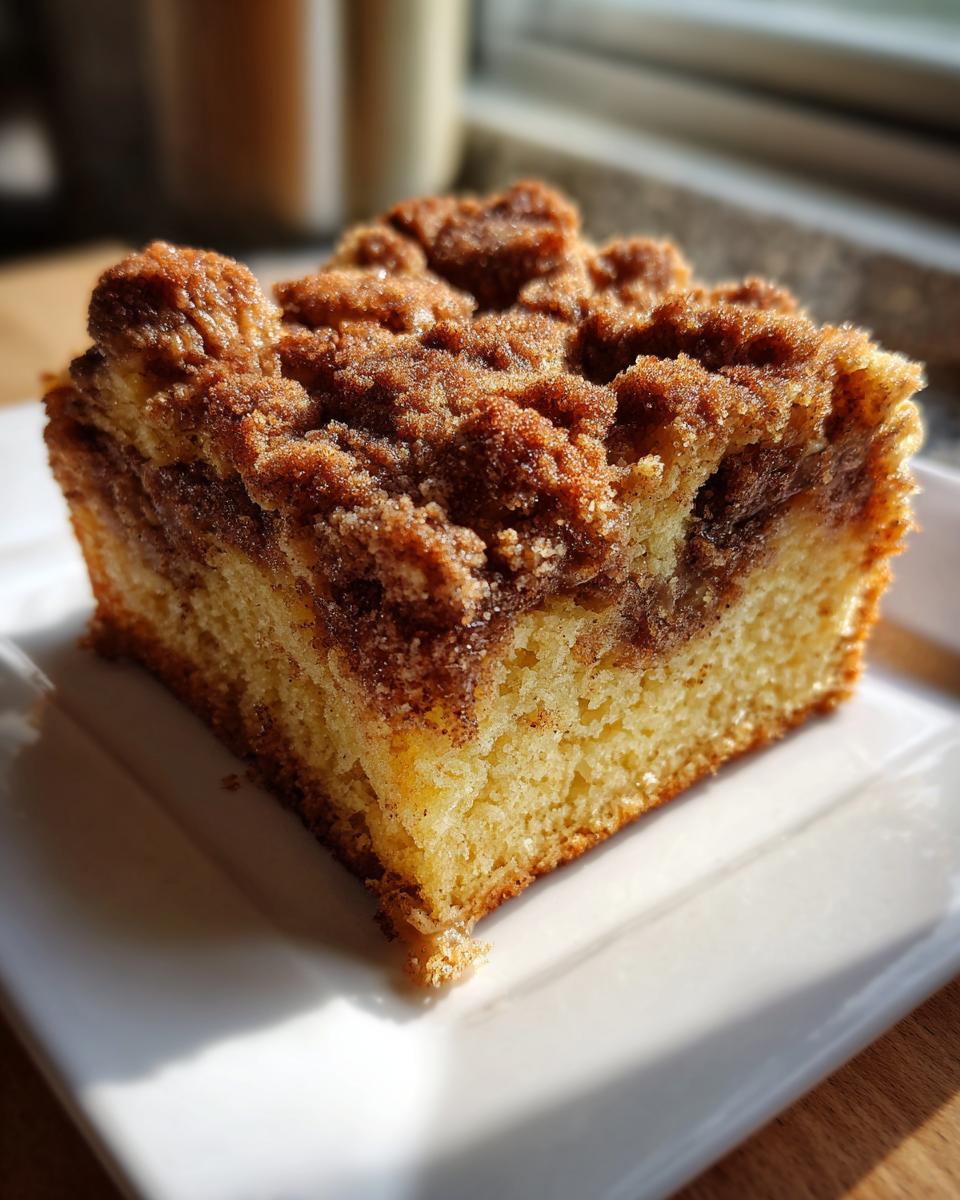 A close-up of a moist slice of coffee cake featuring a thick, sugary cinnamon crumb topping.