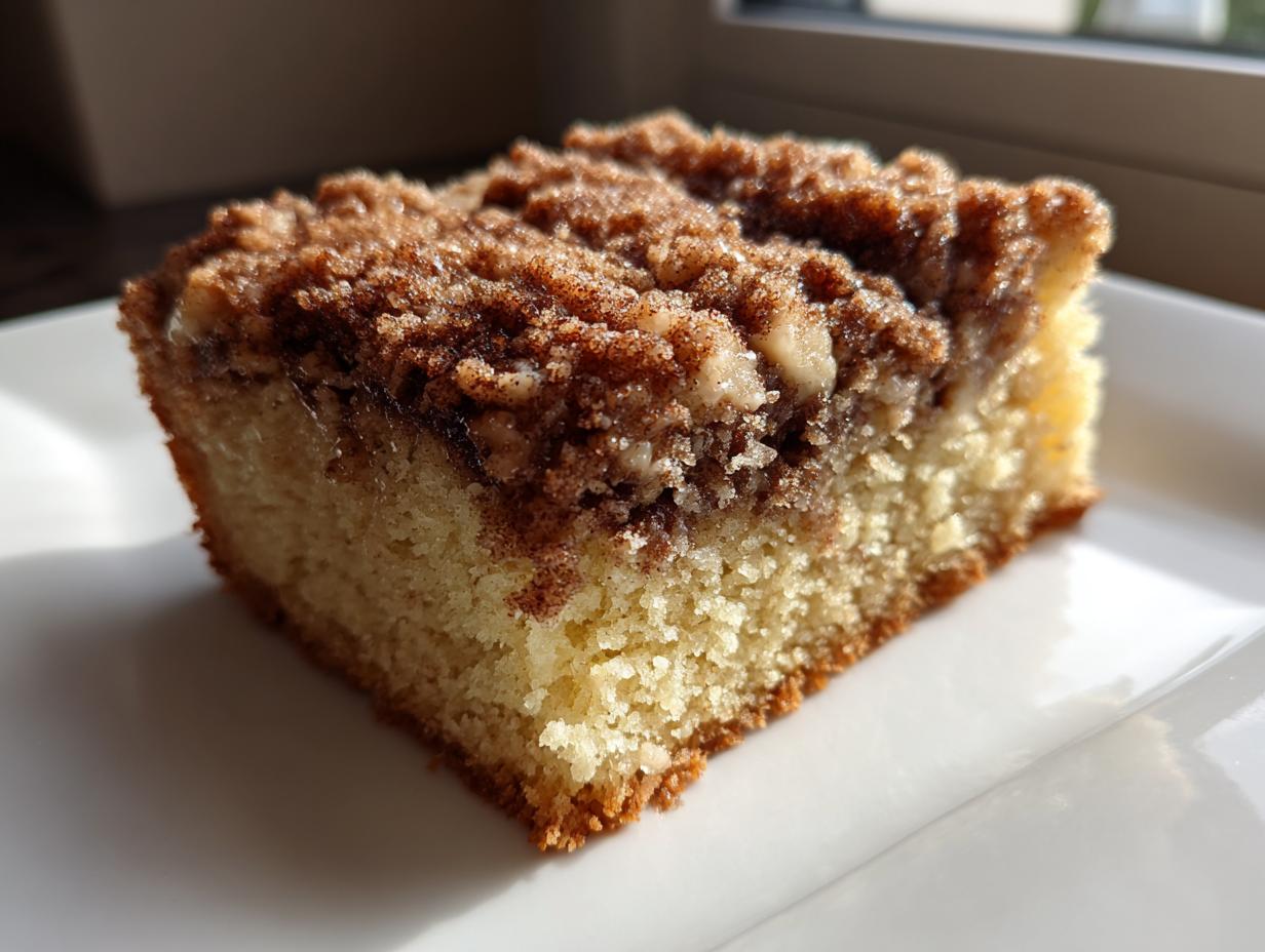 Close-up of a moist slice of coffee cake featuring a thick, dark cinnamon crumb topping on a white plate.