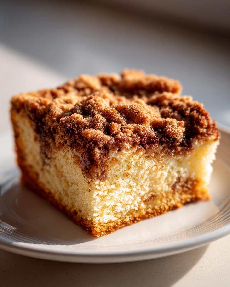 A close-up of a moist slice of coffee cake featuring a thick, sugary cinnamon crumb topping on a white plate.