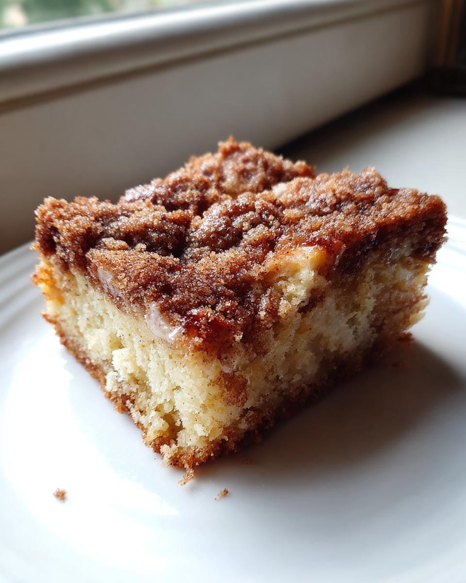 Close-up of a moist slice of coffee cake featuring a thick, sugary cinnamon crumb topping on a white plate.