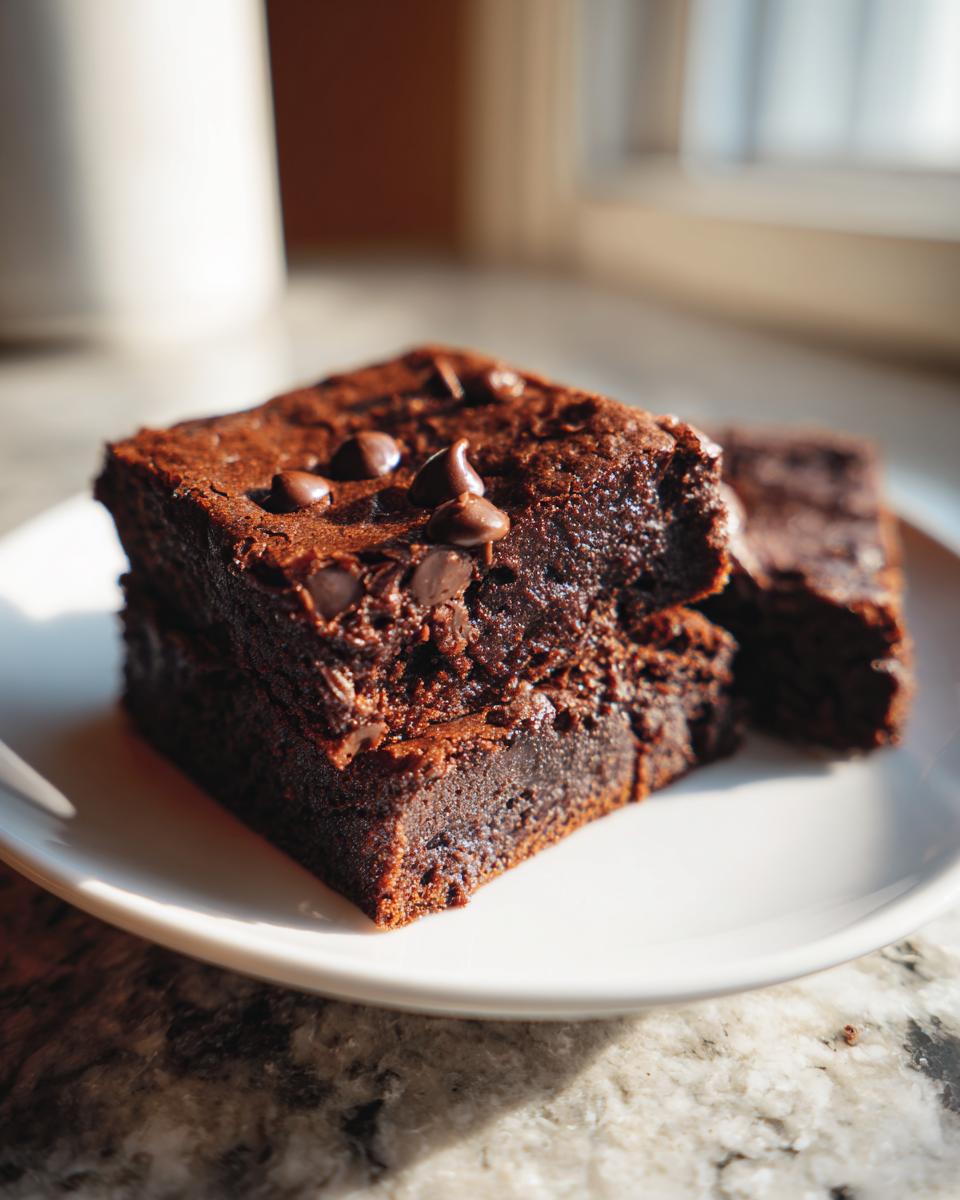 Close-up of two rich, fudgy sweet potato brownies stacked on a white plate, topped with chocolate chips.