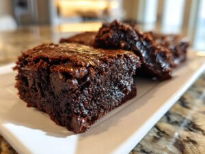 Close-up of fudgy Sweet potato brownies squares, showing a moist, rich texture on a long white serving dish.
